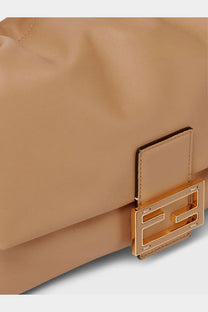Beige leather Fendi Women’s mamma baguette small crossbody bag with gold-tone logo clasp in brown