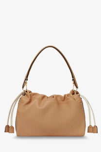 Fendi women’s mamma baguette small tan leather shoulder bag with drawstring closure and white straps