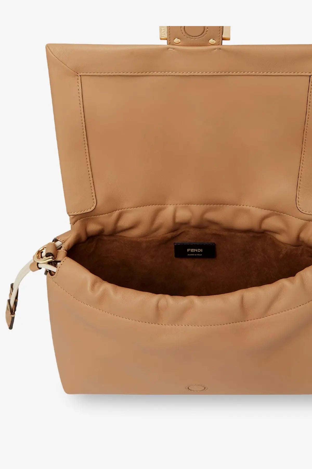 Fendi women’s mamma baguette small tan leather crossbody bag with structured rectangular shape and gold-tone hardware
