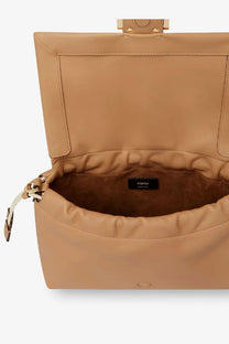 Fendi women’s mamma baguette small tan leather crossbody bag with structured rectangular shape and gold-tone hardware