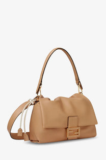 Fendi women’s mamma baguette small brown leather crossbody bag with tan leather and gold-tone ff logo clasp