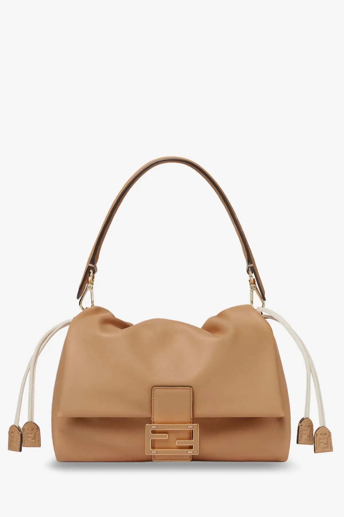 Fendi women’s mamma baguette small tan leather crossbody bag with structured silhouette gold ff logo clasp and white drawstrings