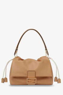 Fendi women’s mamma baguette small tan leather crossbody bag with structured silhouette gold ff logo clasp and white drawstrings