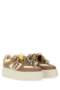 Fendi women’s Fendi Match sneaker beige platform sneaker with brown cream braided laces fuzzy pom-poms and logo side