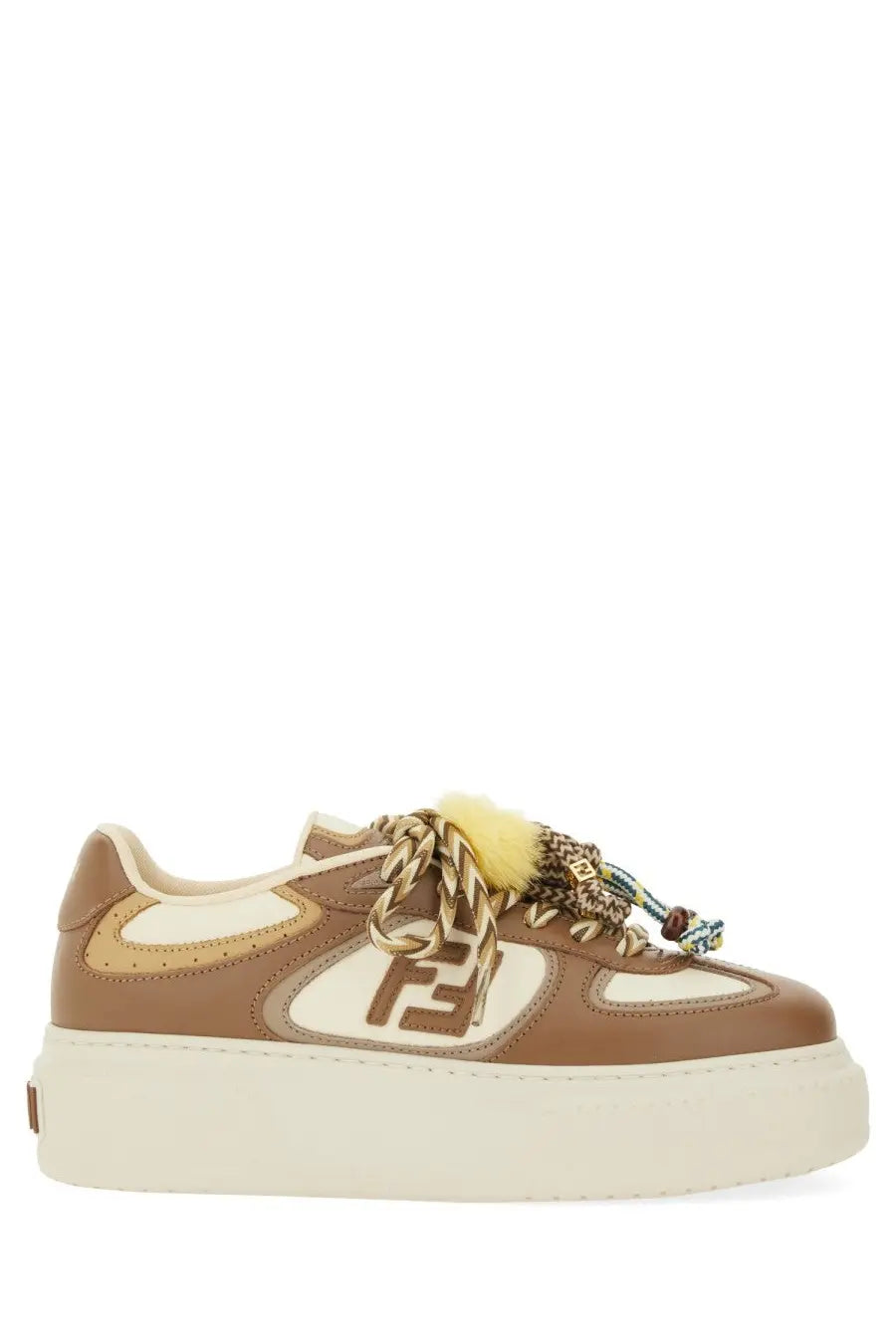 Fendi women’s fendi match sneaker beige with brown and cream leather, chunky platform sole, embroidered ff logo, and braided laces with tassels