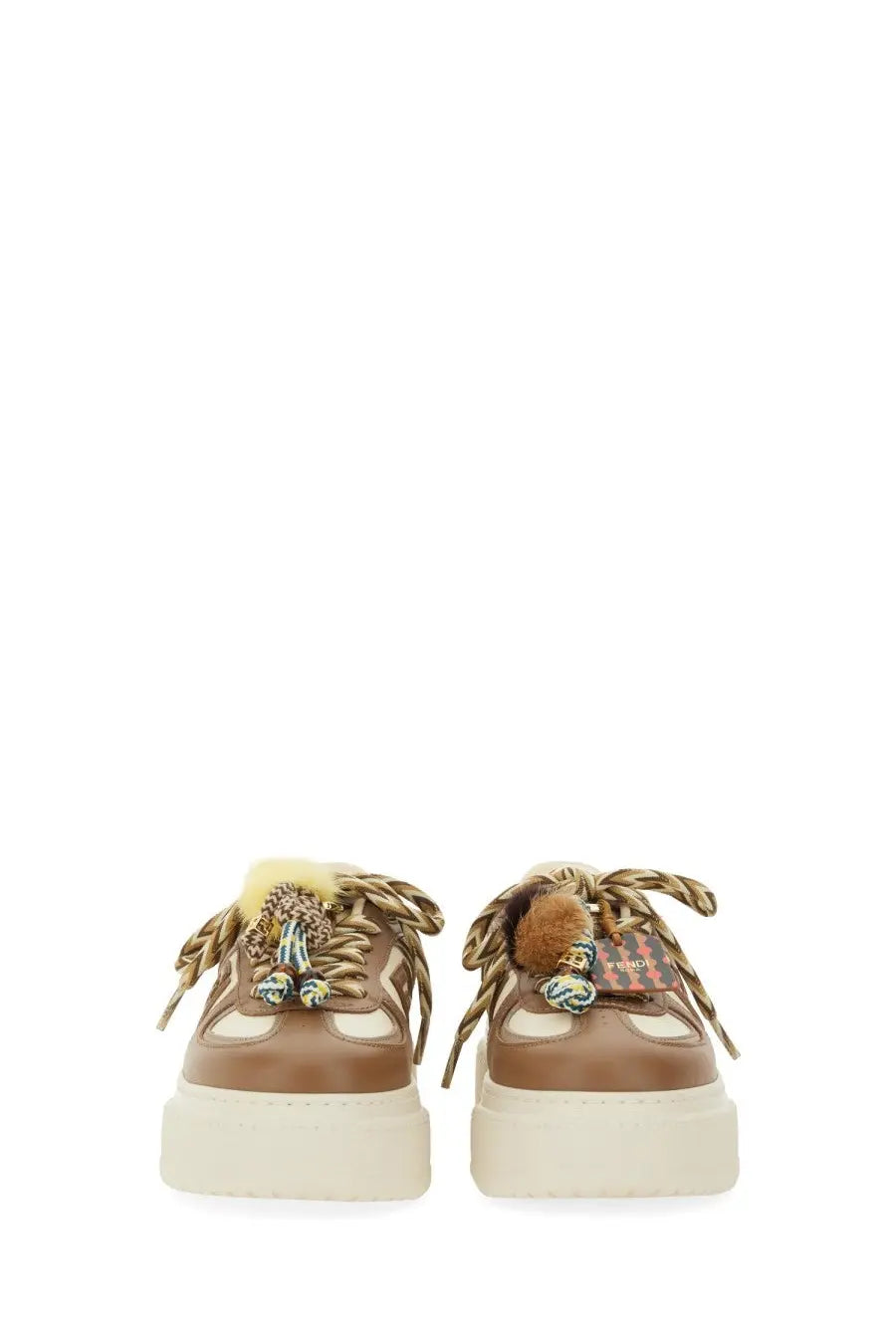 Brown platform fendi match sneaker beige with cream soles braided laces colorful pom-poms and embroidered details
