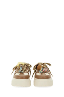 Brown platform fendi match sneaker beige with cream soles braided laces colorful pom-poms and embroidered details