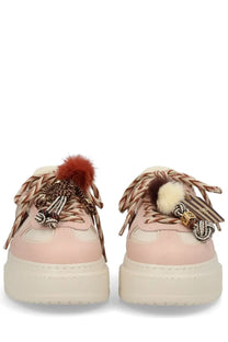Fendi women’s beige platform sneakers with braided laces fluffy pom-poms and decorative tassels