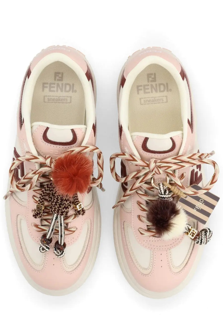 Fendi women’s Fendi Match sneaker beige with pink and white braided laces fluffy pom-poms and branded charms