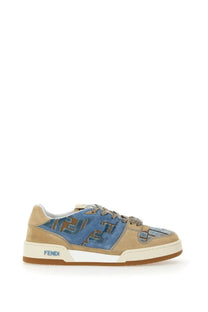 Beige and blue Fendi women’s match sneaker with distinctive FF logo pattern on the upper in multicolor design