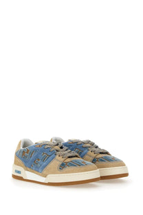Beige and blue fendi women’s match sneaker with embroidered logo details and multicolor design