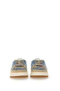 Fendi women’s match sneaker in beige and blue with ff logo pattern, textured laces, and white soles