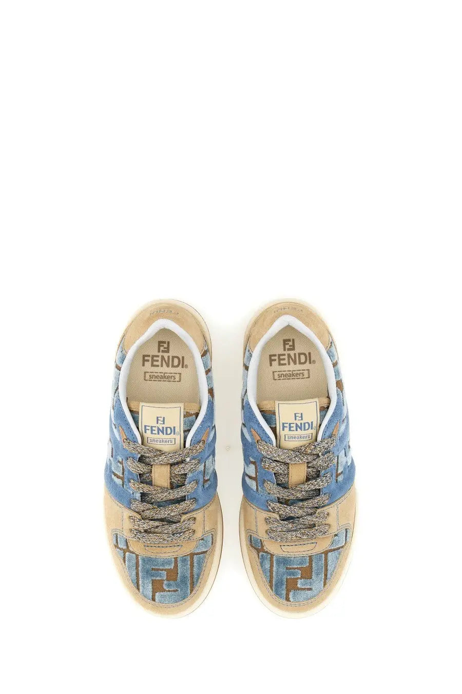 Fendi women’s match sneaker in beige and blue with repeating ff logo pattern on the sides