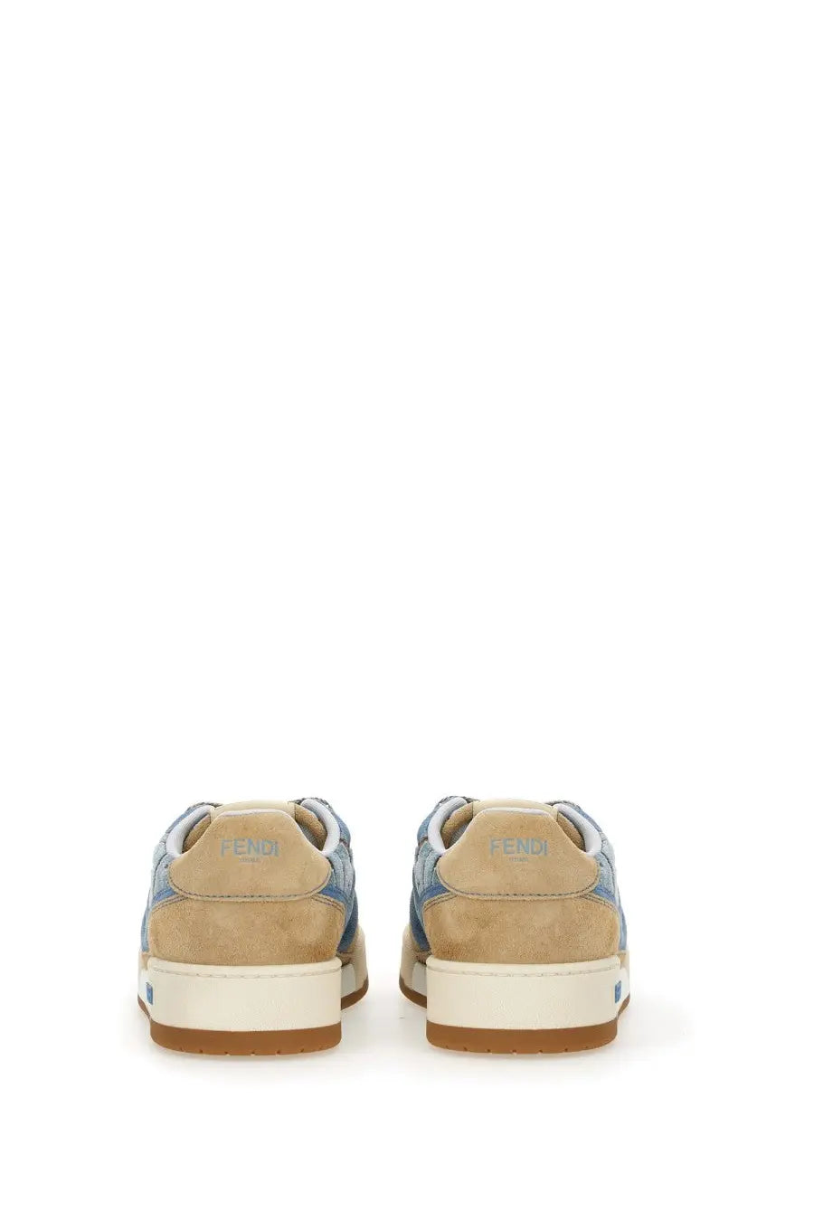 Fendi women’s match sneaker in beige and blue suede with a white rubber sole multicolor design