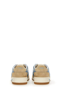 Fendi women’s match sneaker in beige and blue suede with a white rubber sole multicolor design