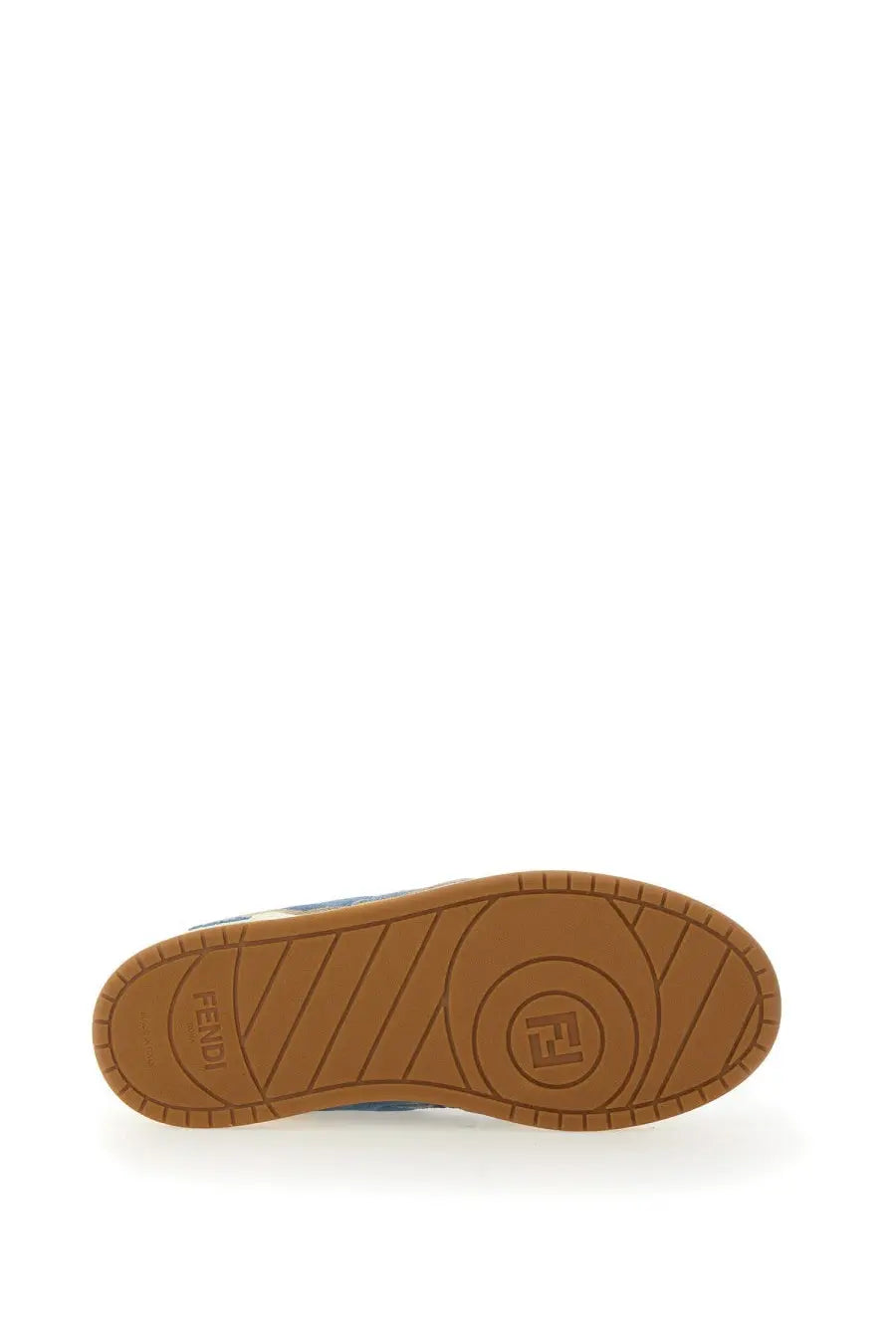 Brown rubber sole of fendi women’s match sneaker with embossed logo and diagonal tread pattern
