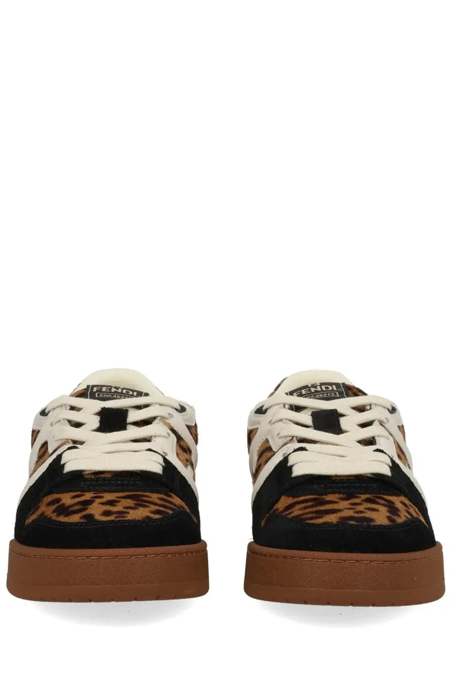 Fendi women’s Fendi Match sneaker with black and tan leopard print, white laces, and brown rubber sole