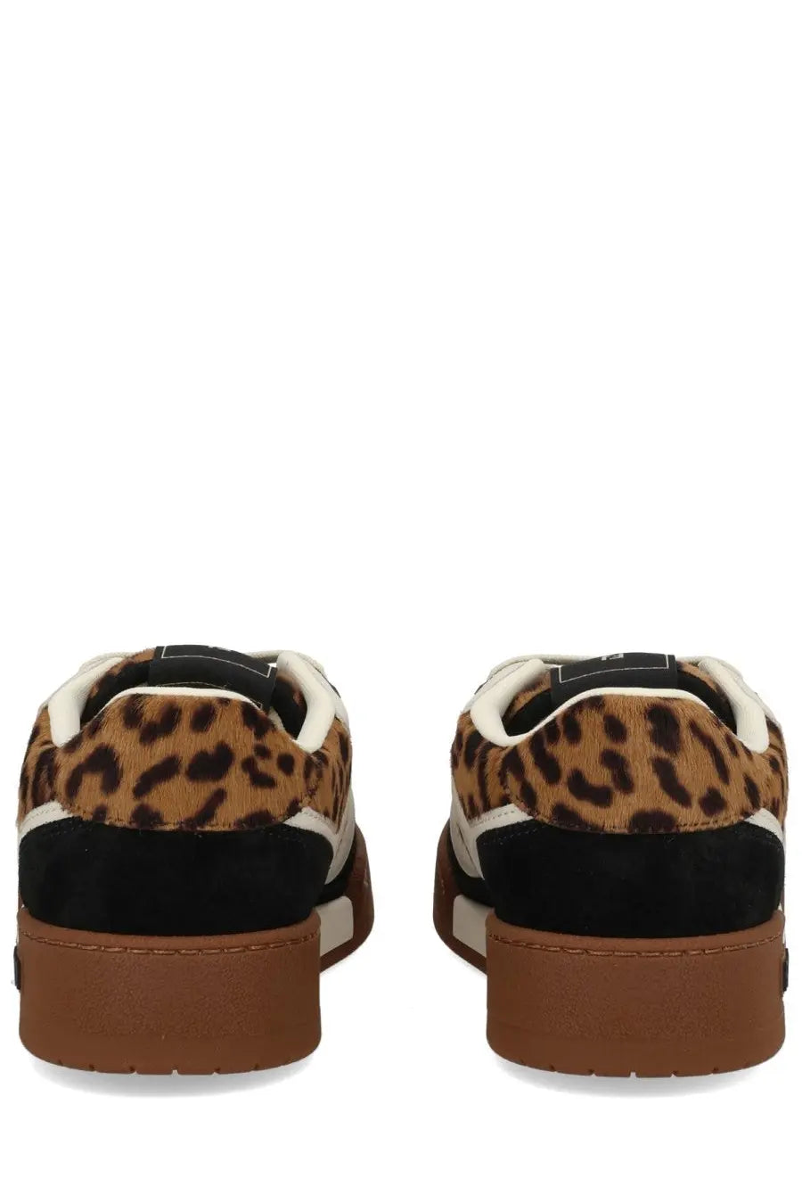 Fendi women’s low-top sneakers in leopard-print suede and canvas with black accents and brown rubber sole