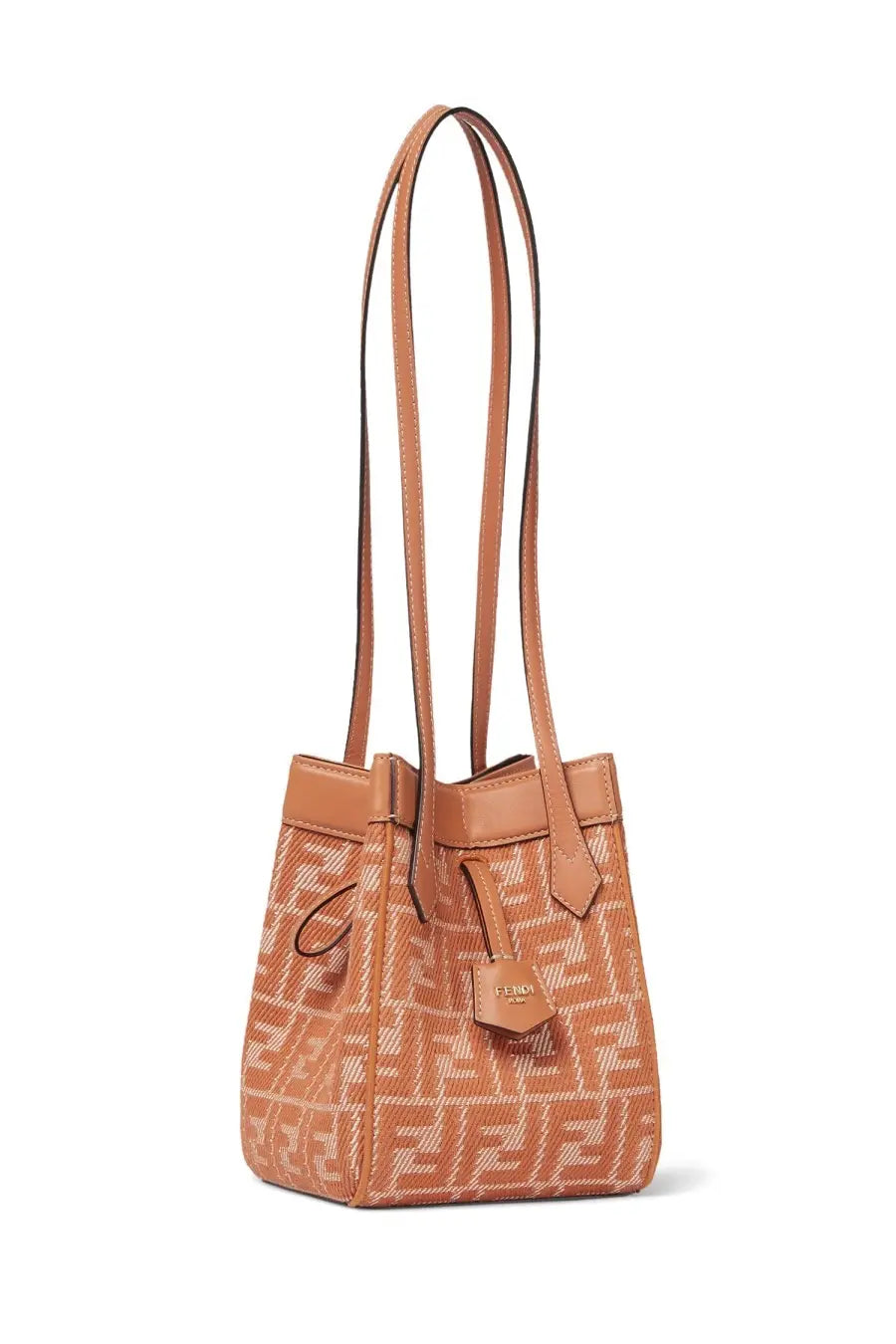 Tan fendi bucket bag in lighter tan and beige with ff logo pattern leather handles and trim for women