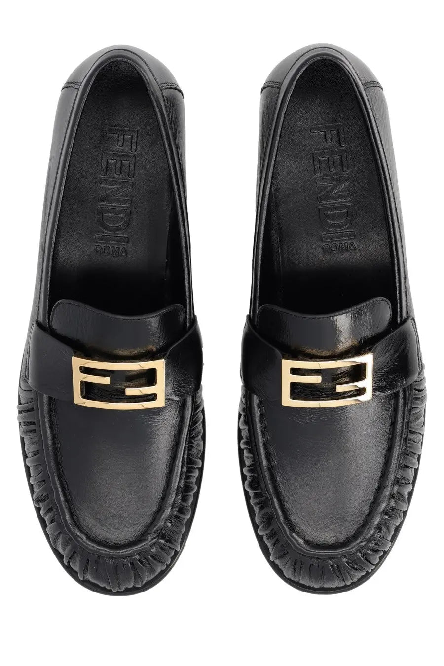 Fendi women’s moccasin baguette black leather loafers with gold-tone ff logo buckle and braided detailing