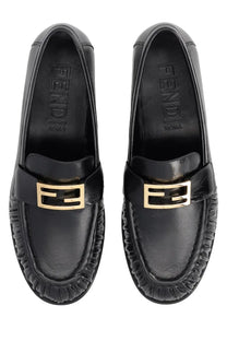 Fendi women’s moccasin baguette black leather loafers with gold-tone ff logo buckle and braided detailing