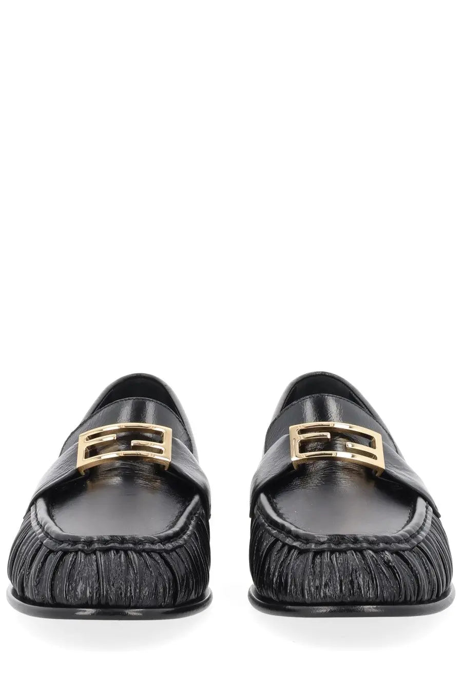 Fendi women’s black leather moccasin loafers with gold-tone rectangular buckles and pleated toe design