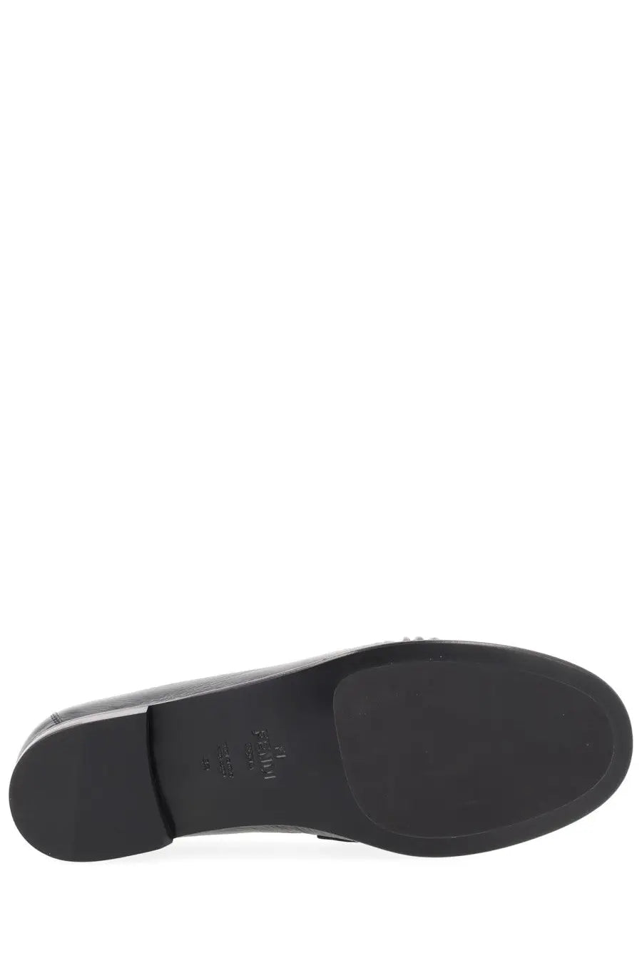 Black leather sole of fendi womens moccasin baguette with smooth glossy finish and embossed branding near heel