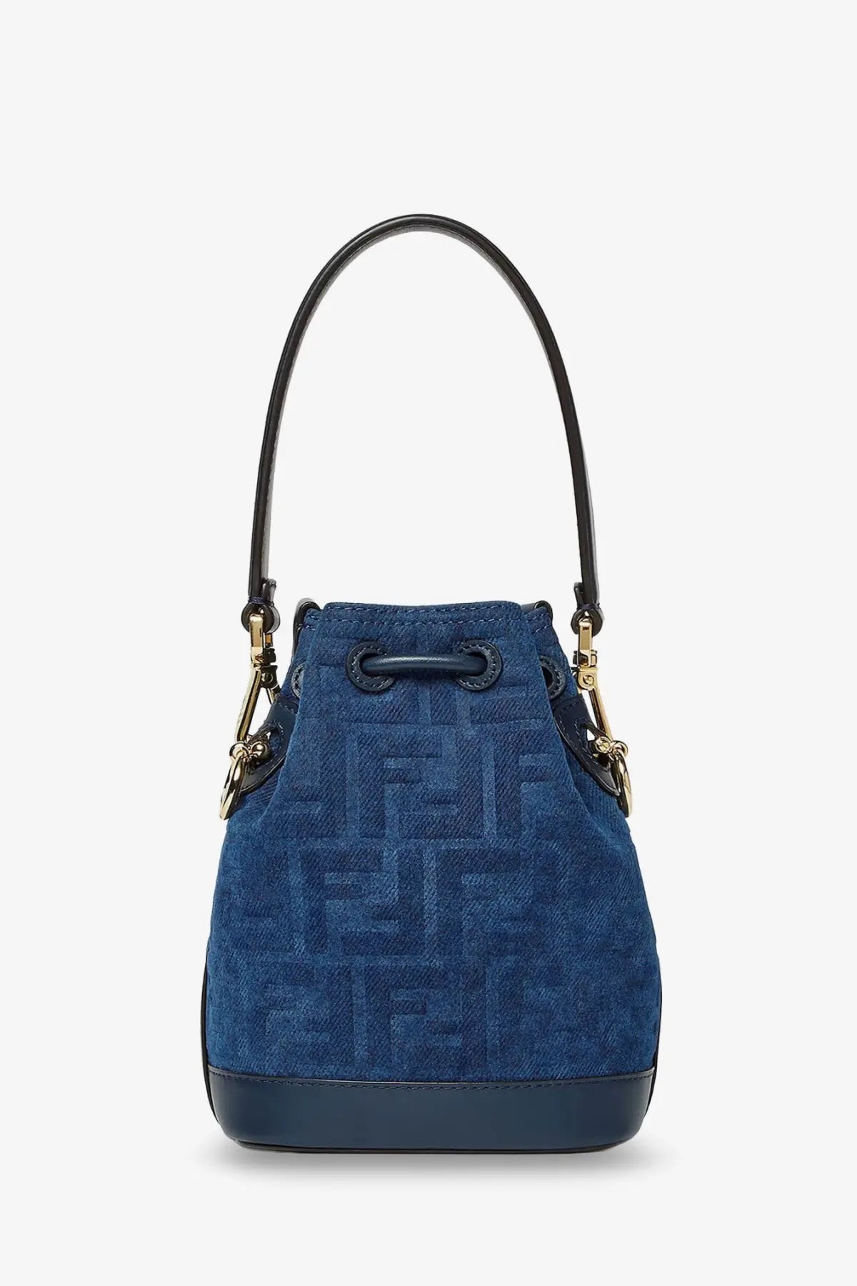 Blue suede Fendi bucket bag with black leather handles and gold-tone hardware for stylish crossbody use