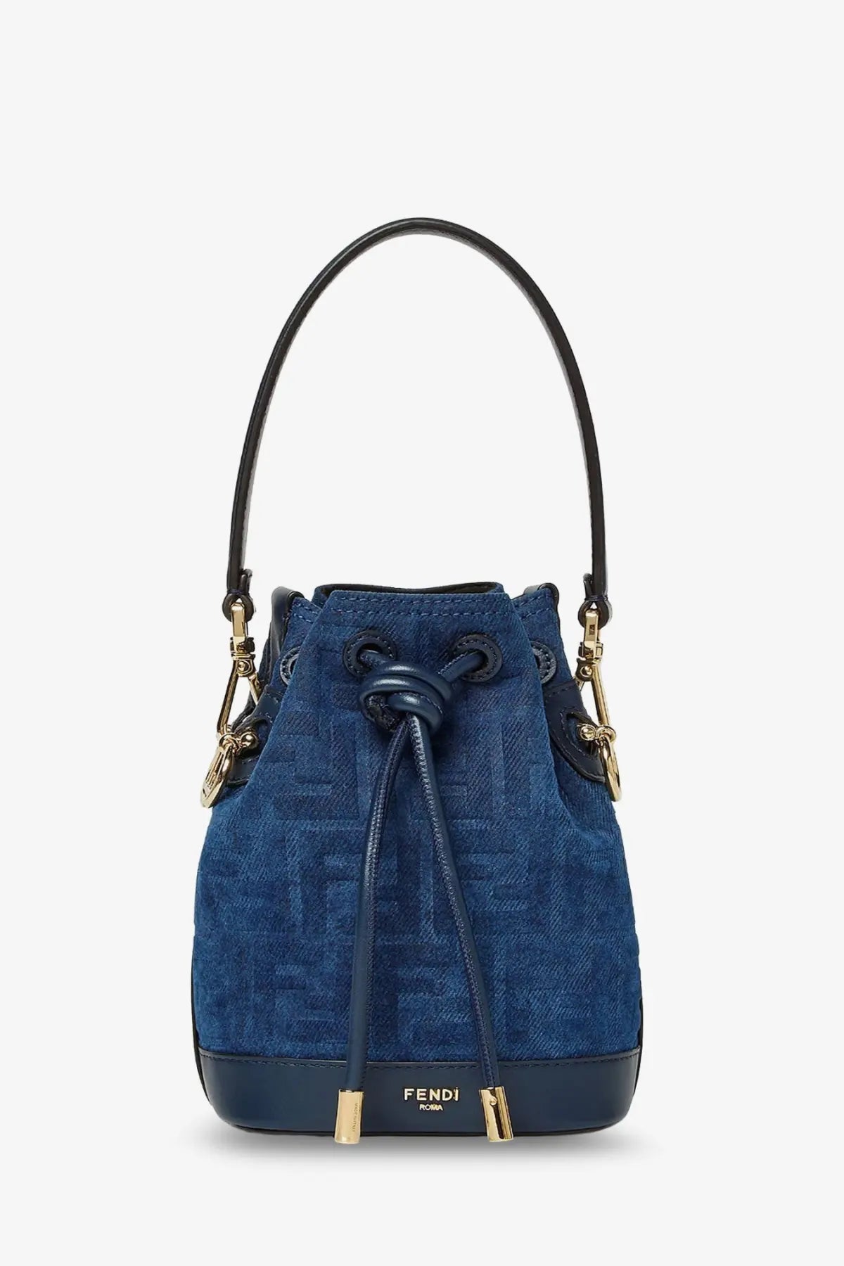 Deep blue fendi bucket bag with repeating monogram pattern black leather handles trim and gold-tone hardware accents