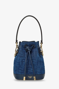 Deep blue fendi bucket bag with repeating monogram pattern black leather handles trim and gold-tone hardware accents