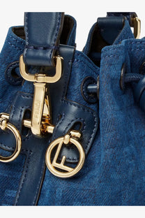 Deep blue fendi bucket bag in denim with gold-tone hardware and signature ff logo charm for women