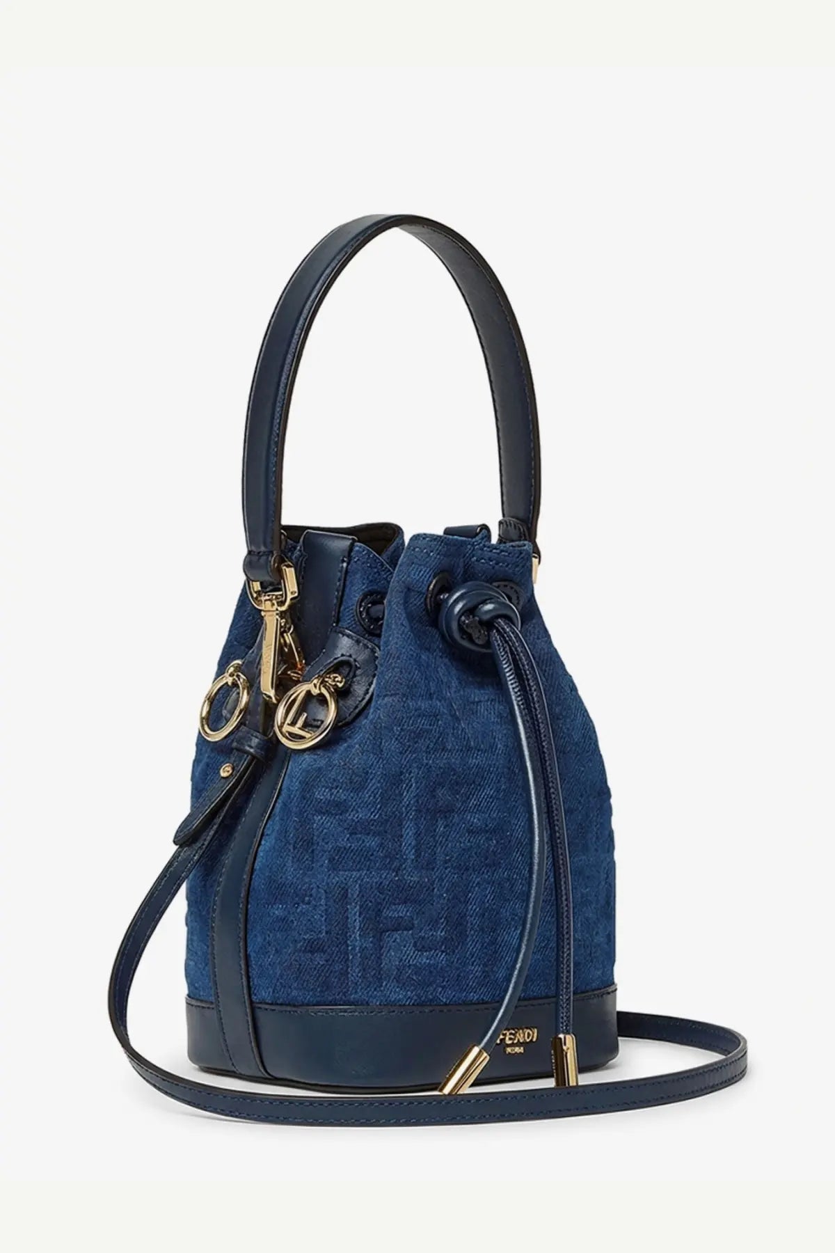 Navy blue fendi bucket bag with black leather handles gold-tone hardware in womens mon tresor ff denim crossbody bag grey
