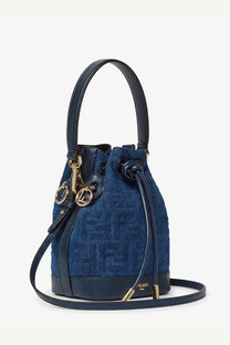 Navy blue fendi bucket bag with black leather handles gold-tone hardware in womens mon tresor ff denim crossbody bag grey