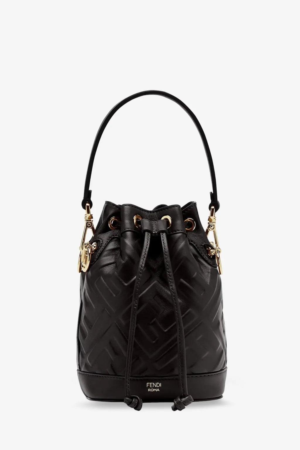 Fendi women’s black leather Mon Tresor bucket bag with quilted ff logo pattern and gold-tone hardware