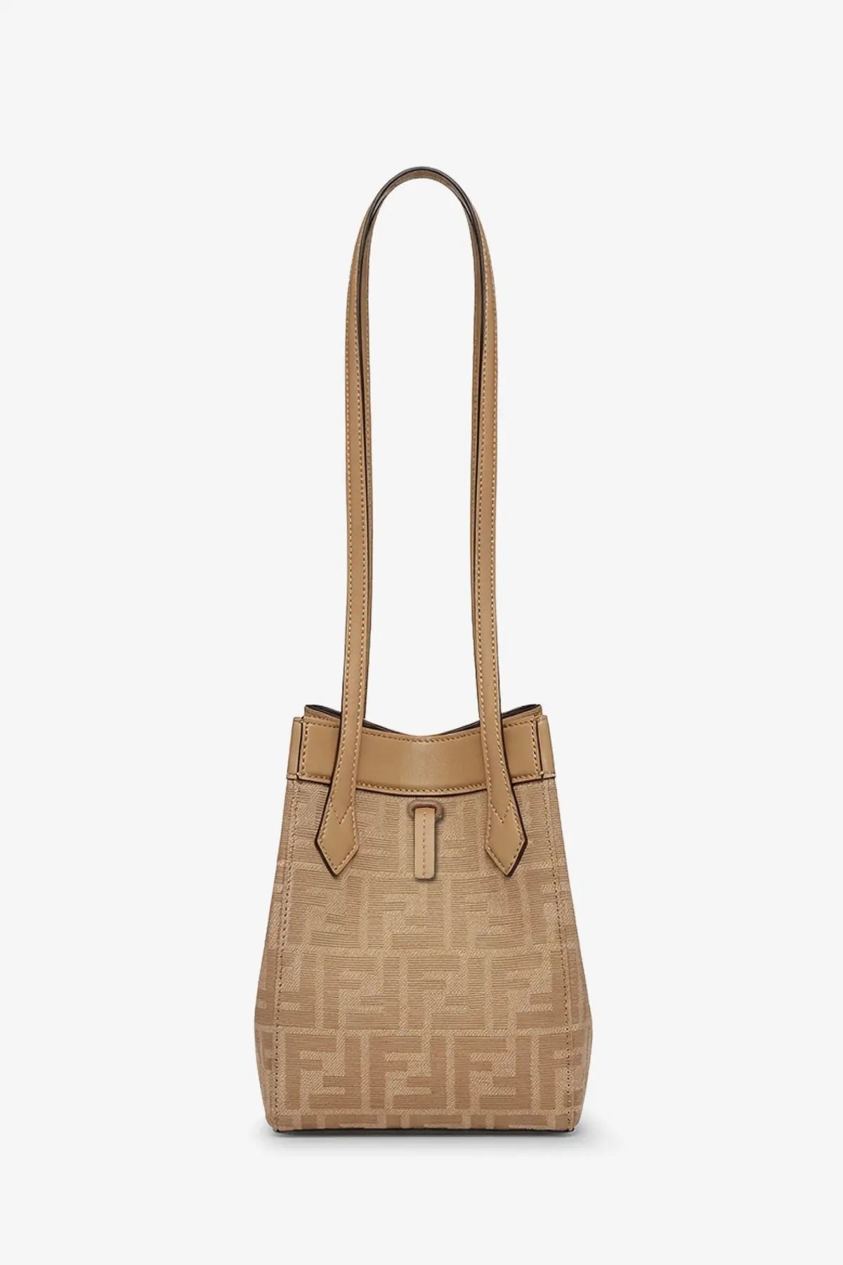 Beige fendi women’s origami mini bucket bag with ff logo pattern and tan leather handles in fabric material