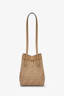 Beige fendi women’s origami mini bucket bag with ff logo pattern and tan leather handles in fabric material