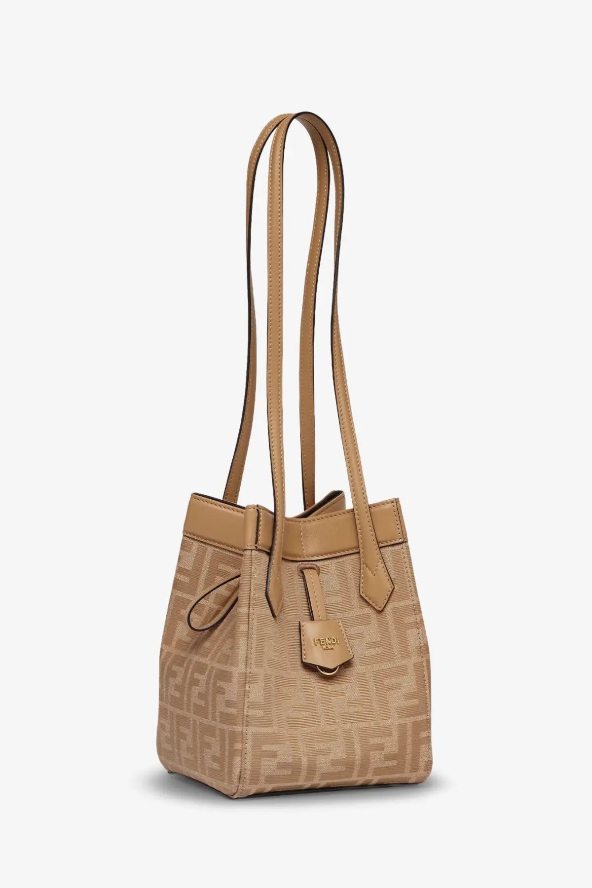Beige fendi women’s origami mini bucket bag with ff logo fabric and leather handles for stylish daily use