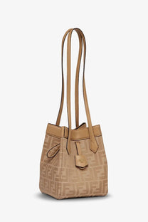 Beige fendi women’s origami mini bucket bag with ff logo fabric and leather handles for stylish daily use