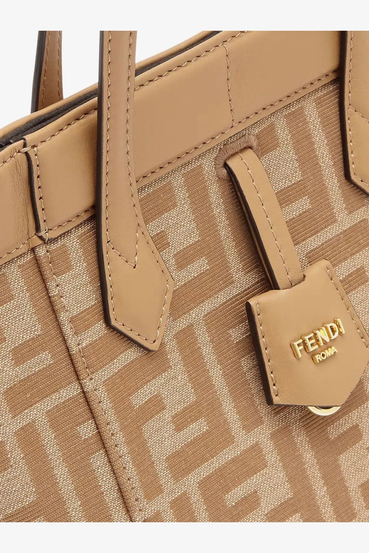 Beige fendi women’s origami mini bucket bag with ff logo woven fabric and leather trim tote bag