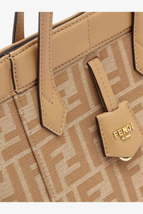 Beige fendi women’s origami mini bucket bag with ff logo woven fabric and leather trim tote bag