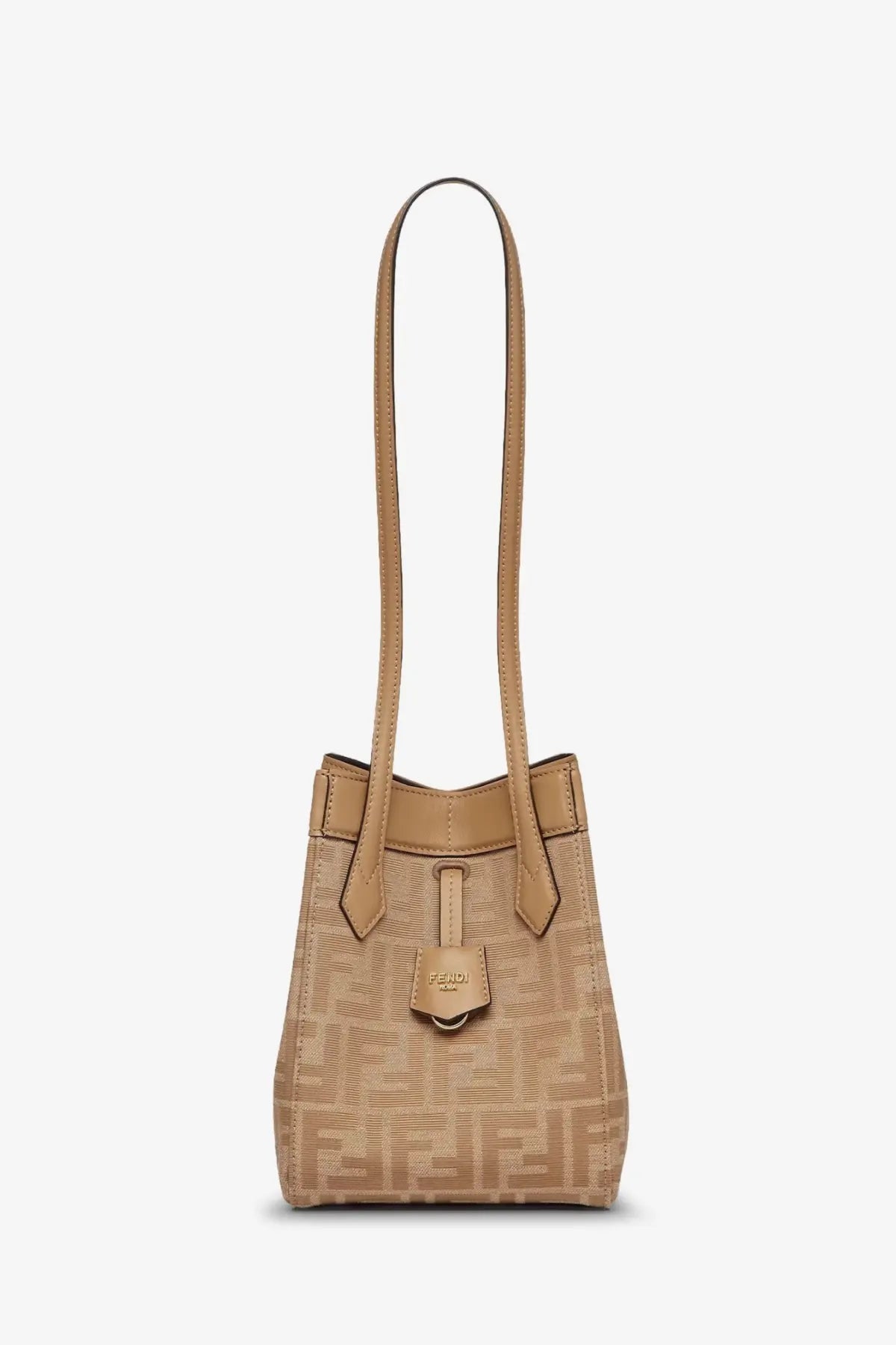 Fendi women’s origami mini beige bucket bag with tan fabric and repeating ff logo pattern and leather handles
