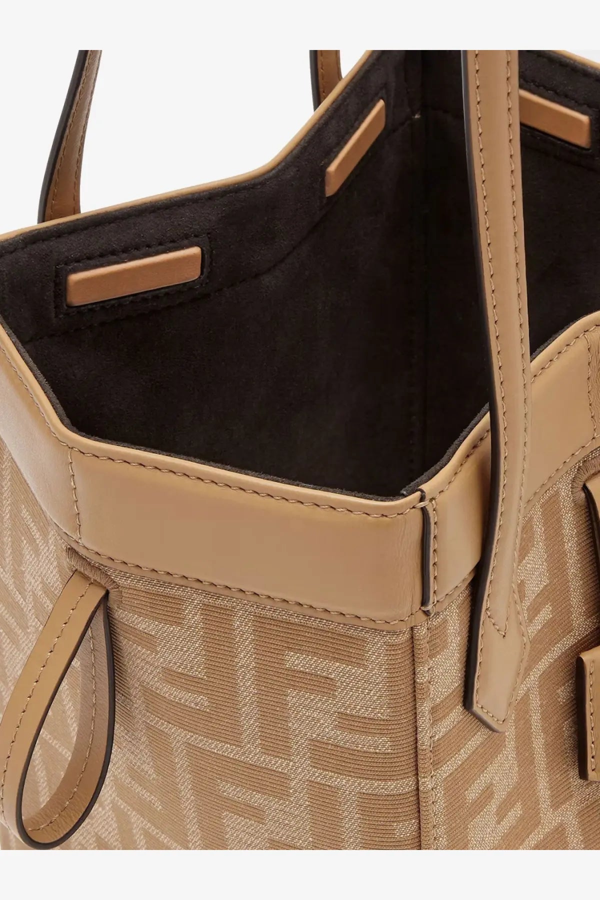 Beige fendi women’s origami mini bucket bag in woven fabric with ff logo pattern and tan leather trim and handles