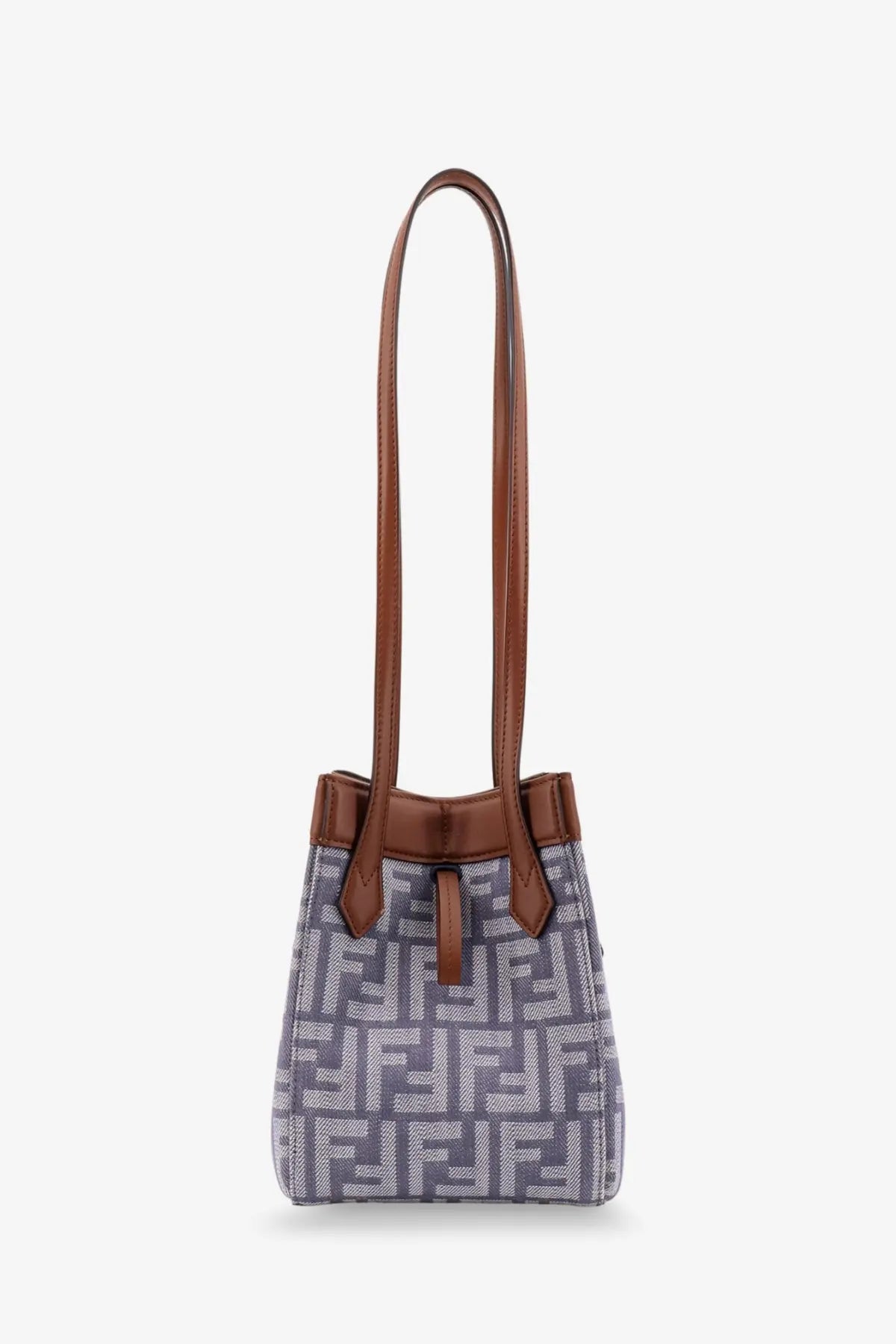 Fendi women’s origami mini ff jacquard fabric bucket bag in gray and white with brown leather handles