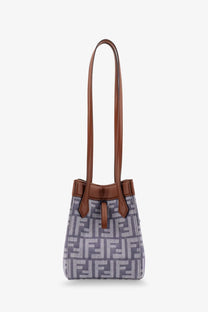 Fendi women’s origami mini ff jacquard fabric bucket bag in gray and white with brown leather handles