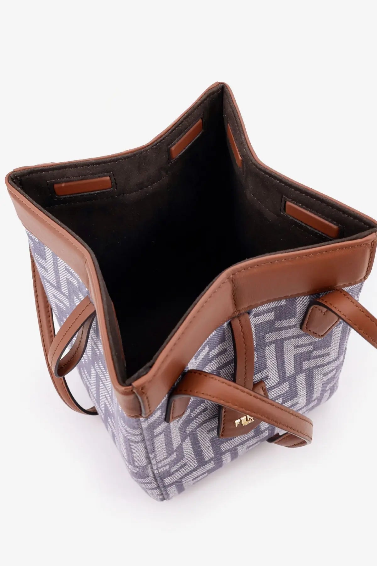 Fendi women’s origami mini shoulder bag in gray and white geometric jacquard with brown leather trim and handles