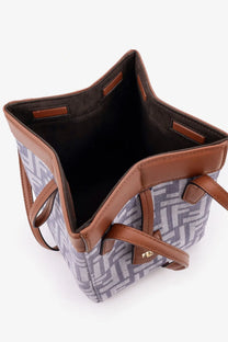 Fendi women’s origami mini shoulder bag in gray and white geometric jacquard with brown leather trim and handles