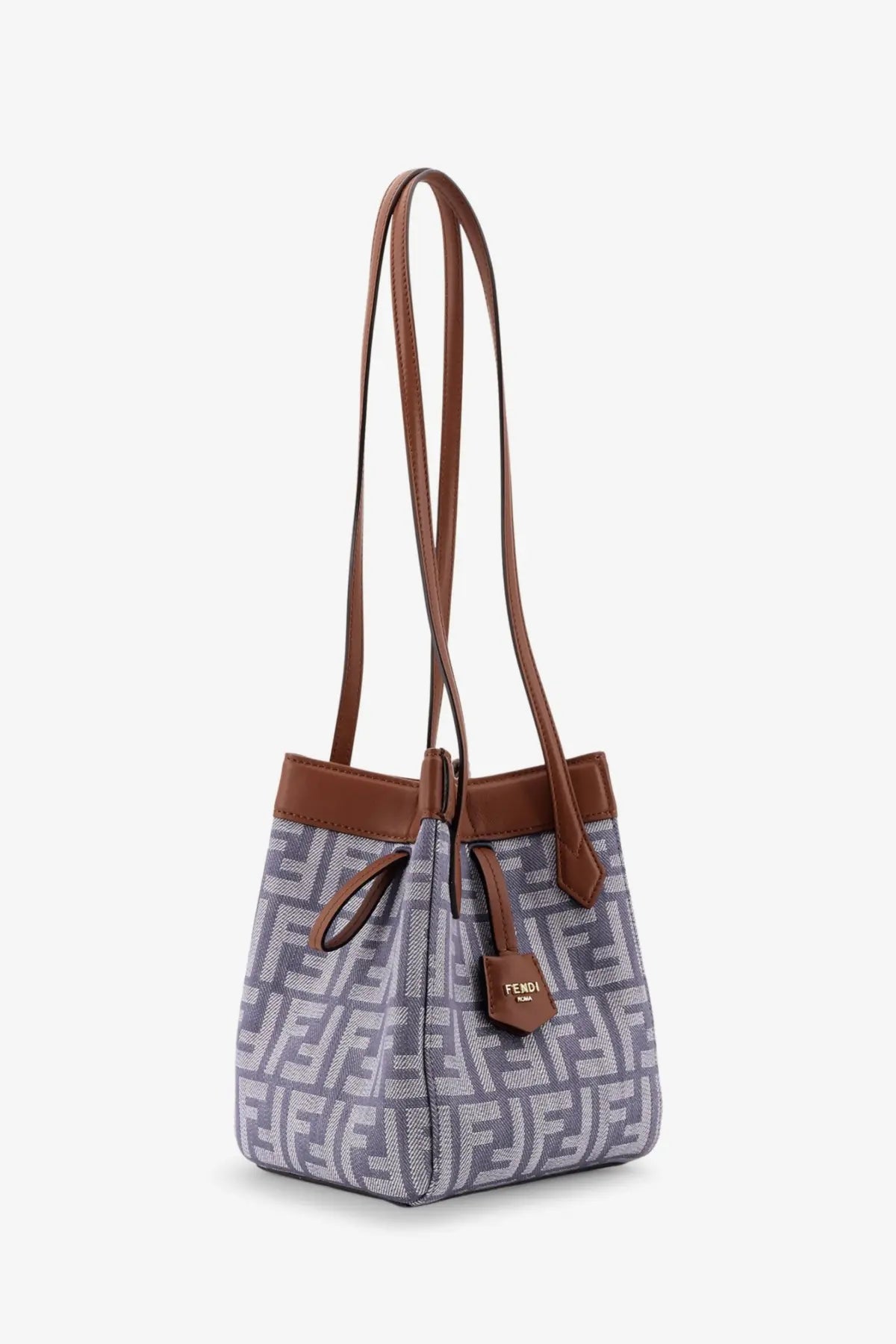 Fendi women’s origami mini ff jacquard fabric and leather shoulder bag in gray and white with brown leather handles and trim