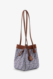 Fendi women’s origami mini ff jacquard fabric and leather shoulder bag in gray and white with brown leather handles and trim