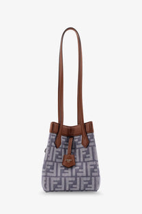 Fendi women’s origami mini ff jacquard fabric bucket bag in gray and white with brown leather handles and tag