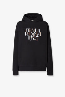 Fendi women’s oversize black cotton hoodie with bold multi-toned fendi roma 1925 logo in white and beige